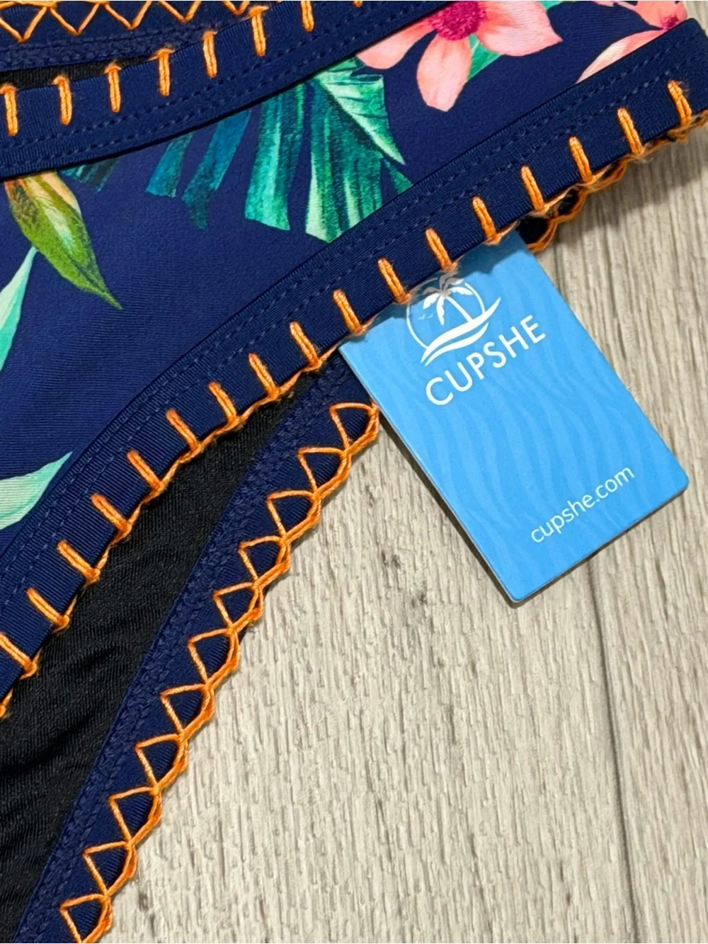 NWT Cupshe Tropical Navy Floral Bikini Set with Orange Stitching
